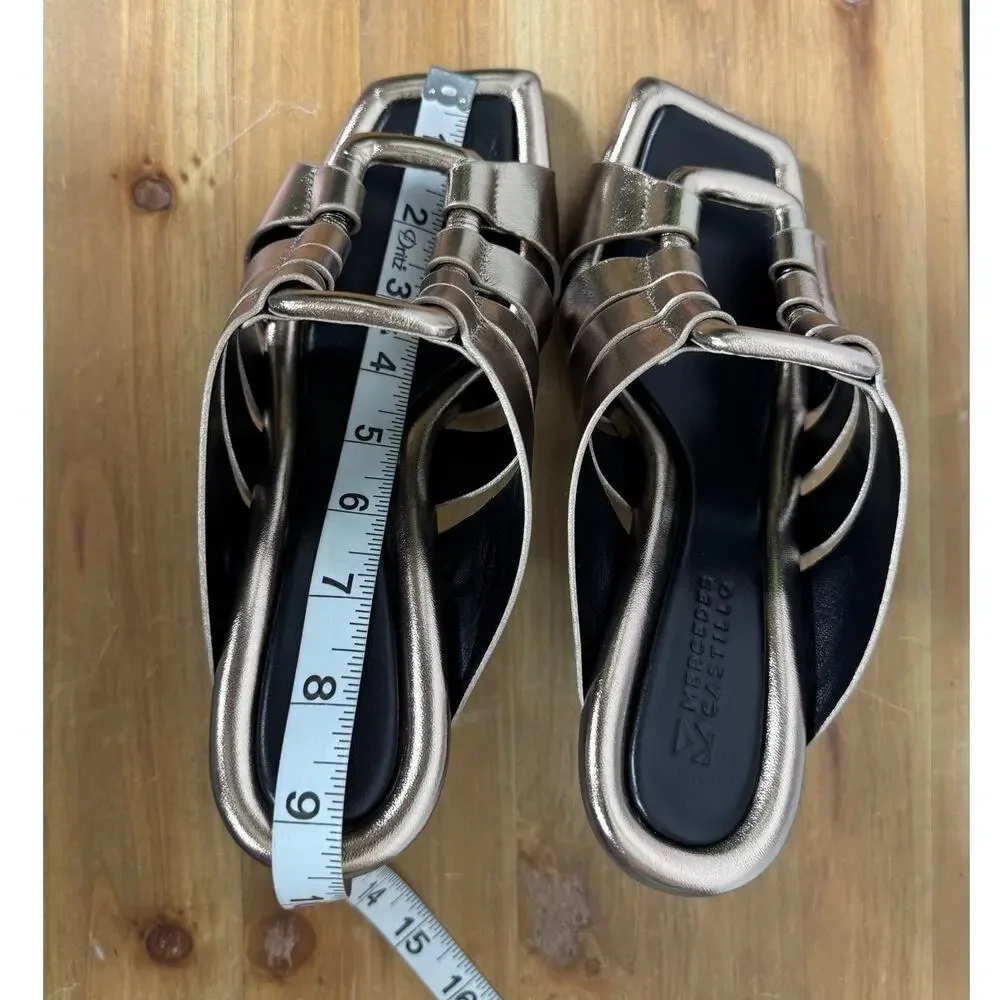 Mercedes Castillo Aria High-Heel Slide Sandals, Tungsten Metallic Leather Size 8